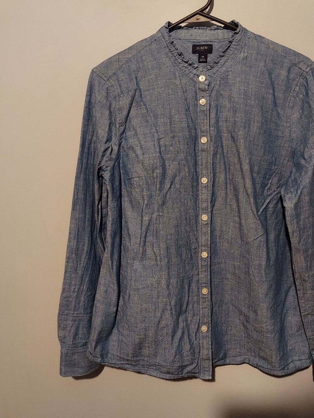 J Crew Women's Top Size Medium Denim Chambray Ruffle Long Sleeve Shirt Western